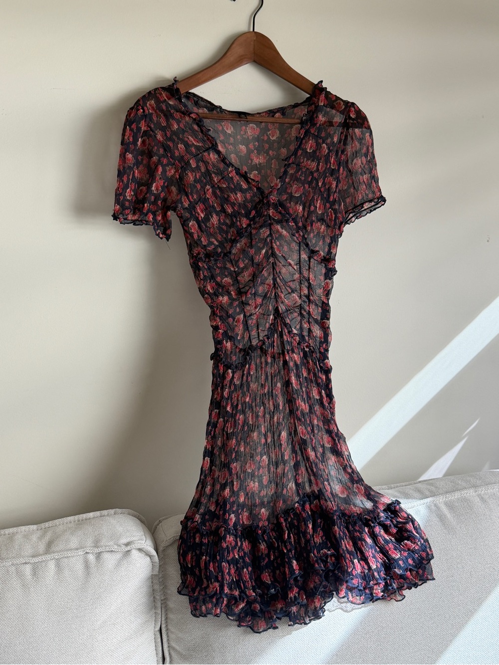 Black & Red Floral Sheer Ruffled V-Neck Midi Dress - Picture 2 of 4